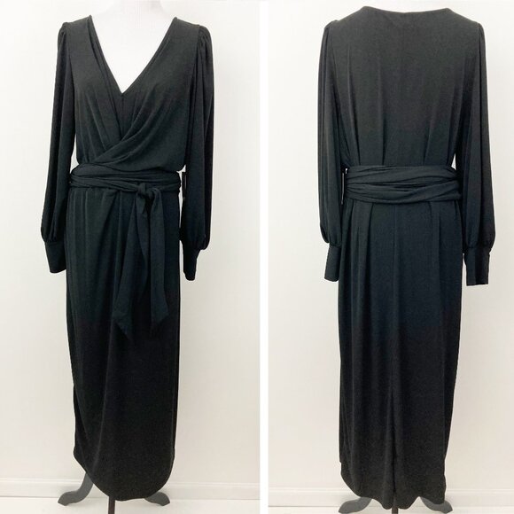 NWT Eloquii Cross Front Midi Dress Size 22 Black Long Sleeve Self-ties Neutral - Picture 2 of 9